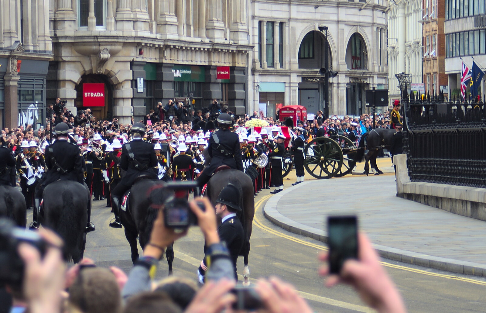 The gun carriage and coffin heads up to St. Paul's from Margaret Thatcher's Funeral, St. Paul's, London - 17th April 2013