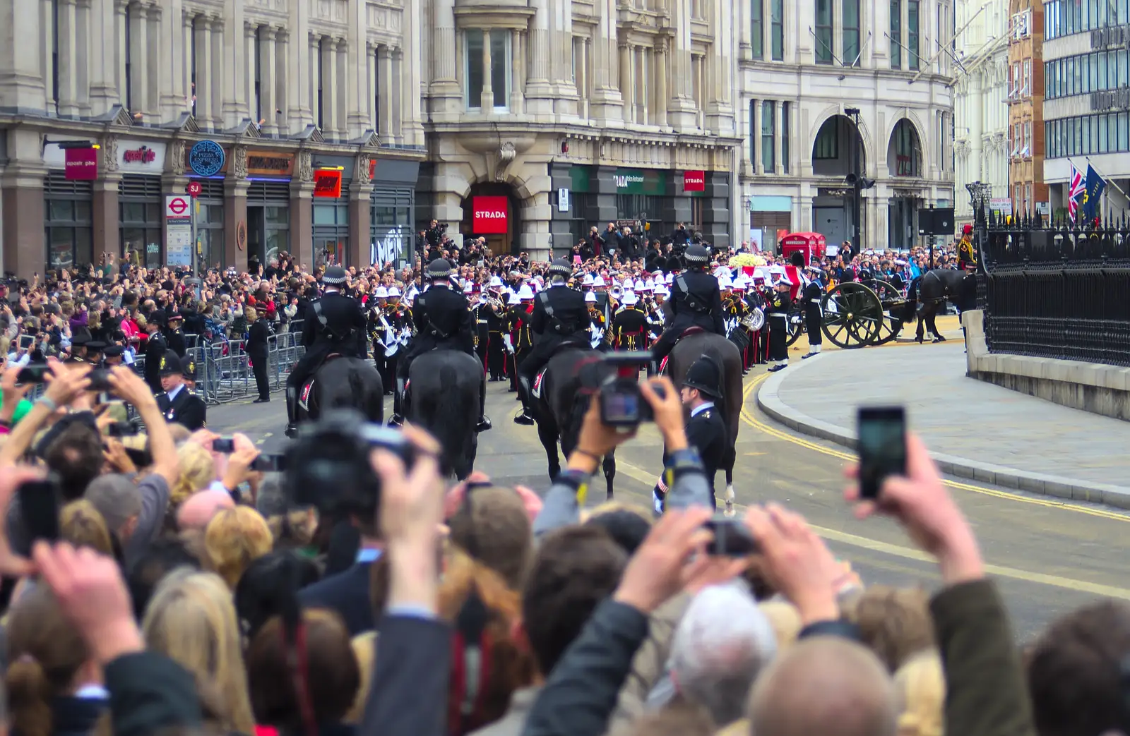 The gun carriage and coffin heads up to St. Paul's, from Margaret Thatcher's Funeral, St. Paul's, London - 17th April 2013