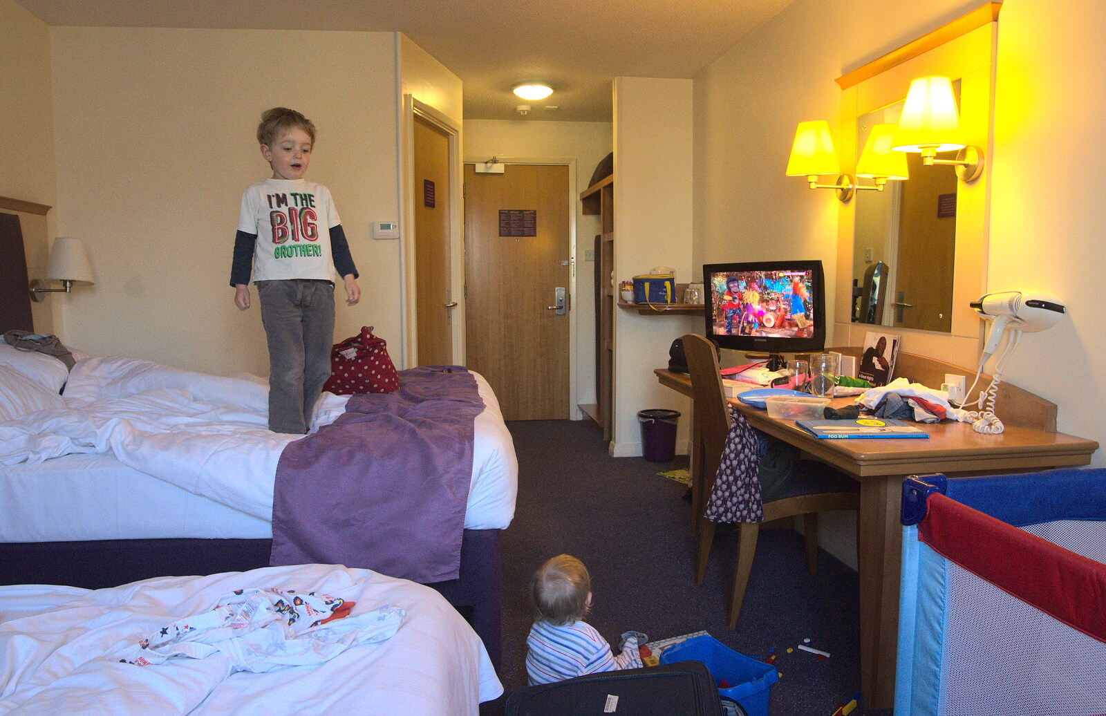 The boys bounce around in the Premier Inn room from Chesterfield and the Twisty Spire, Derbyshire - 19th April 2013