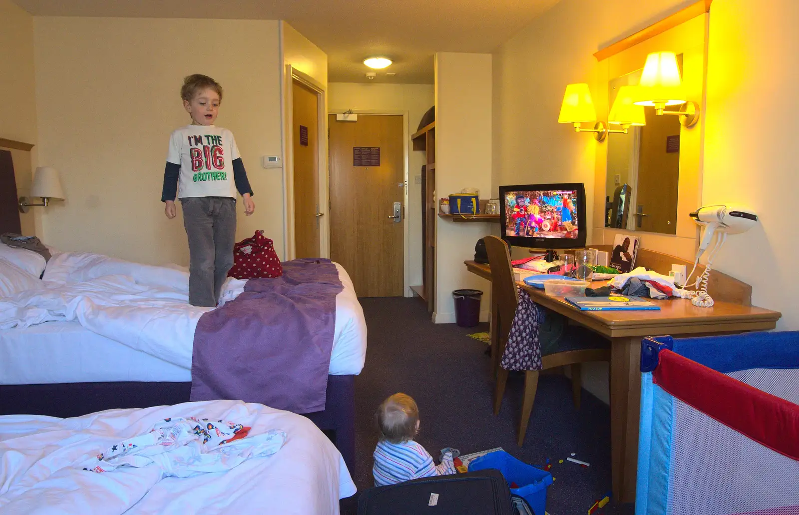 The boys bounce around in the Premier Inn room, from Chesterfield and the Twisty Spire, Derbyshire - 19th April 2013