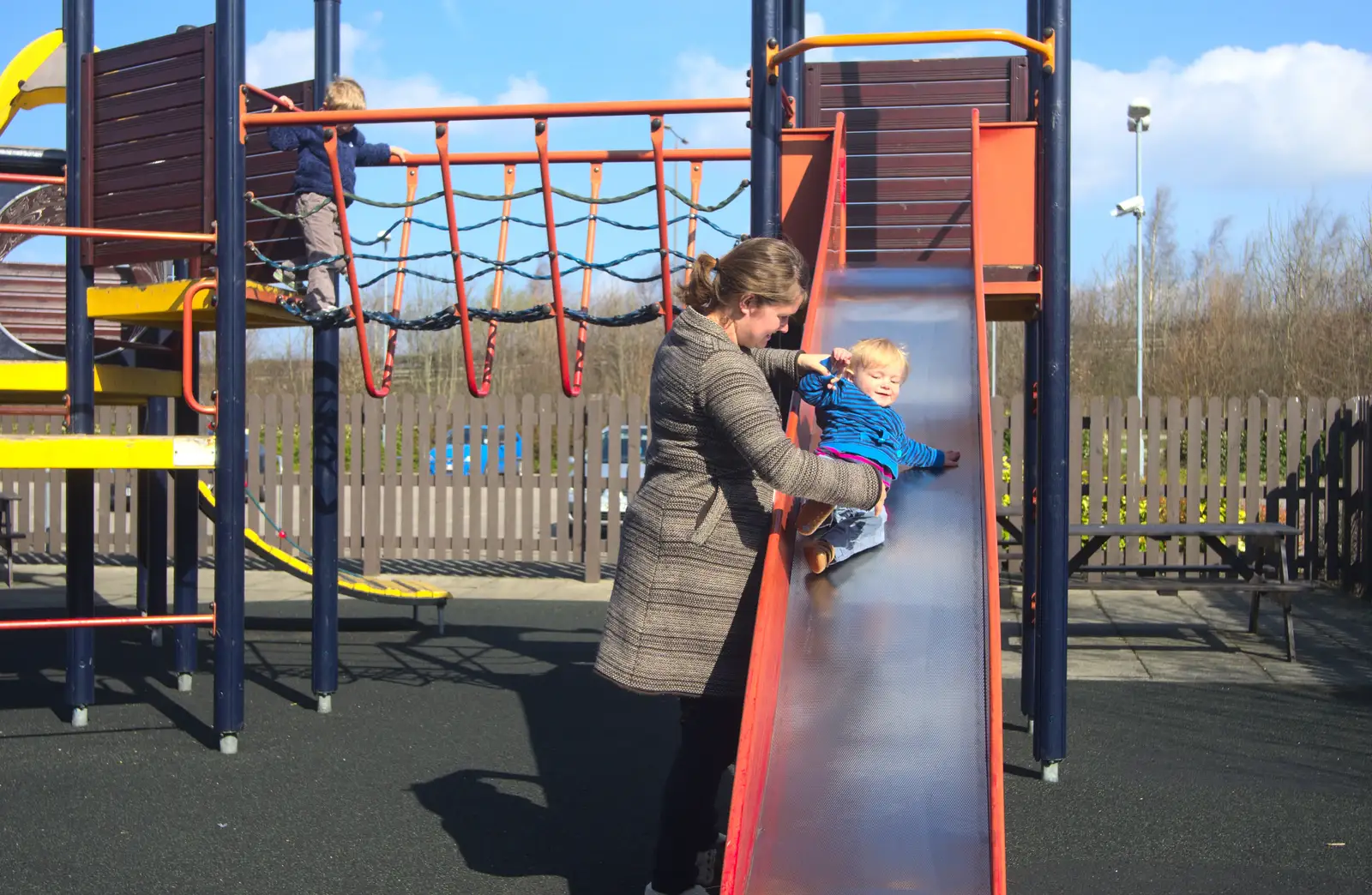 Harry has a slide, from Chesterfield and the Twisty Spire, Derbyshire - 19th April 2013