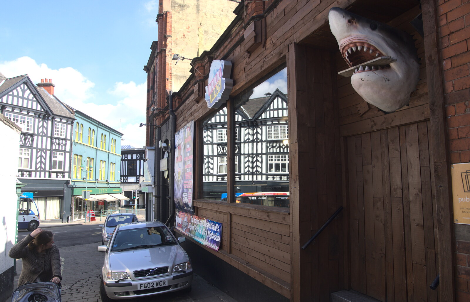 There's a comedy shark head stuck to a wall from Chesterfield and the Twisty Spire, Derbyshire - 19th April 2013