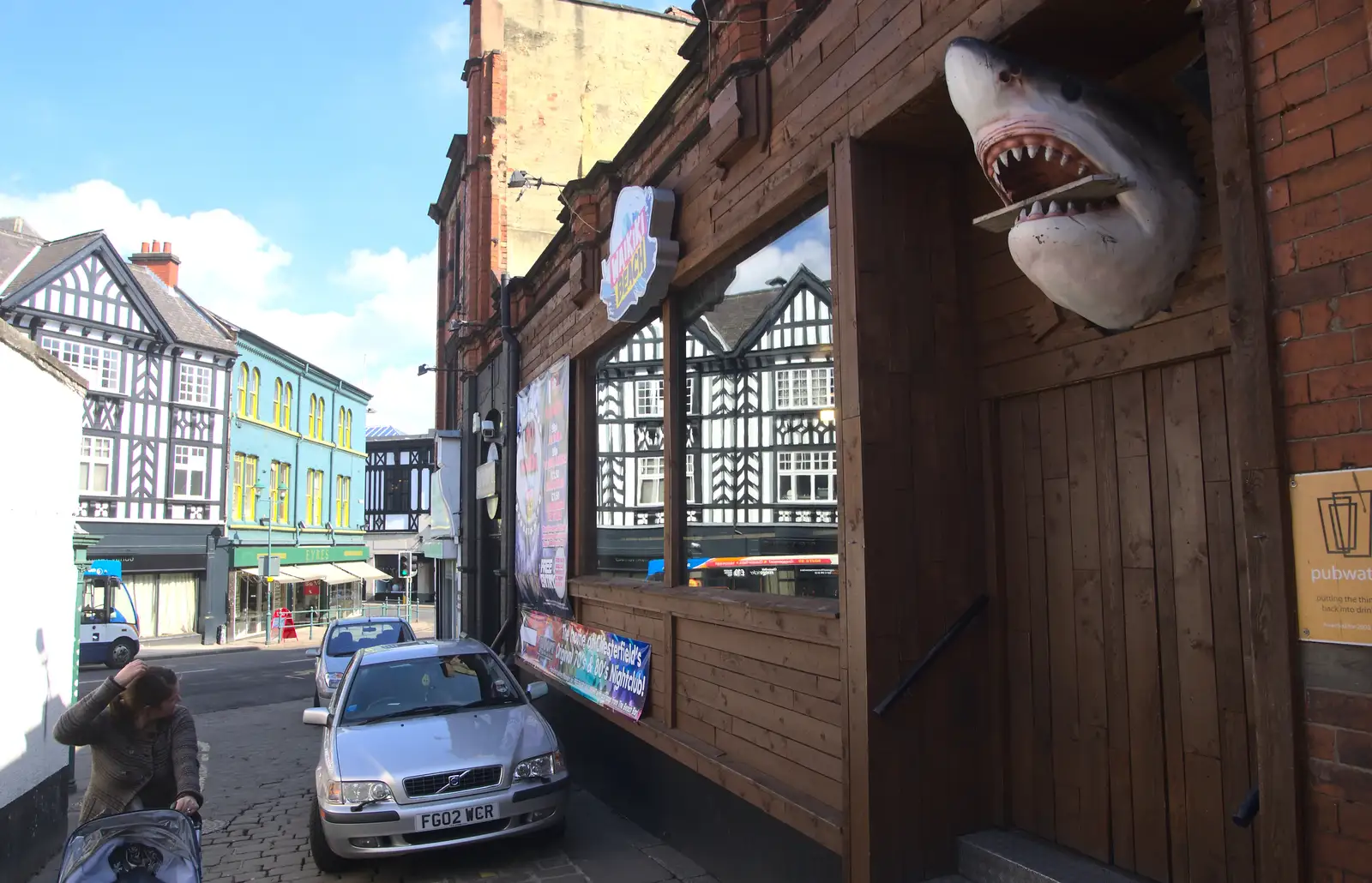 There's a comedy shark head stuck to a wall, from Chesterfield and the Twisty Spire, Derbyshire - 19th April 2013