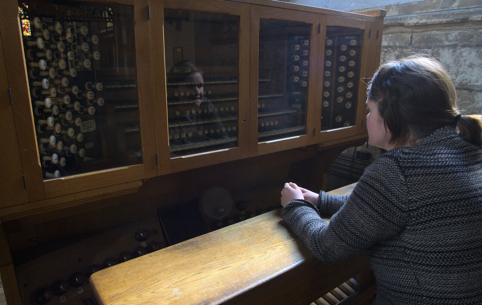 Isobel gets close up with the church organ from Chesterfield and the Twisty Spire, Derbyshire - 19th April 2013