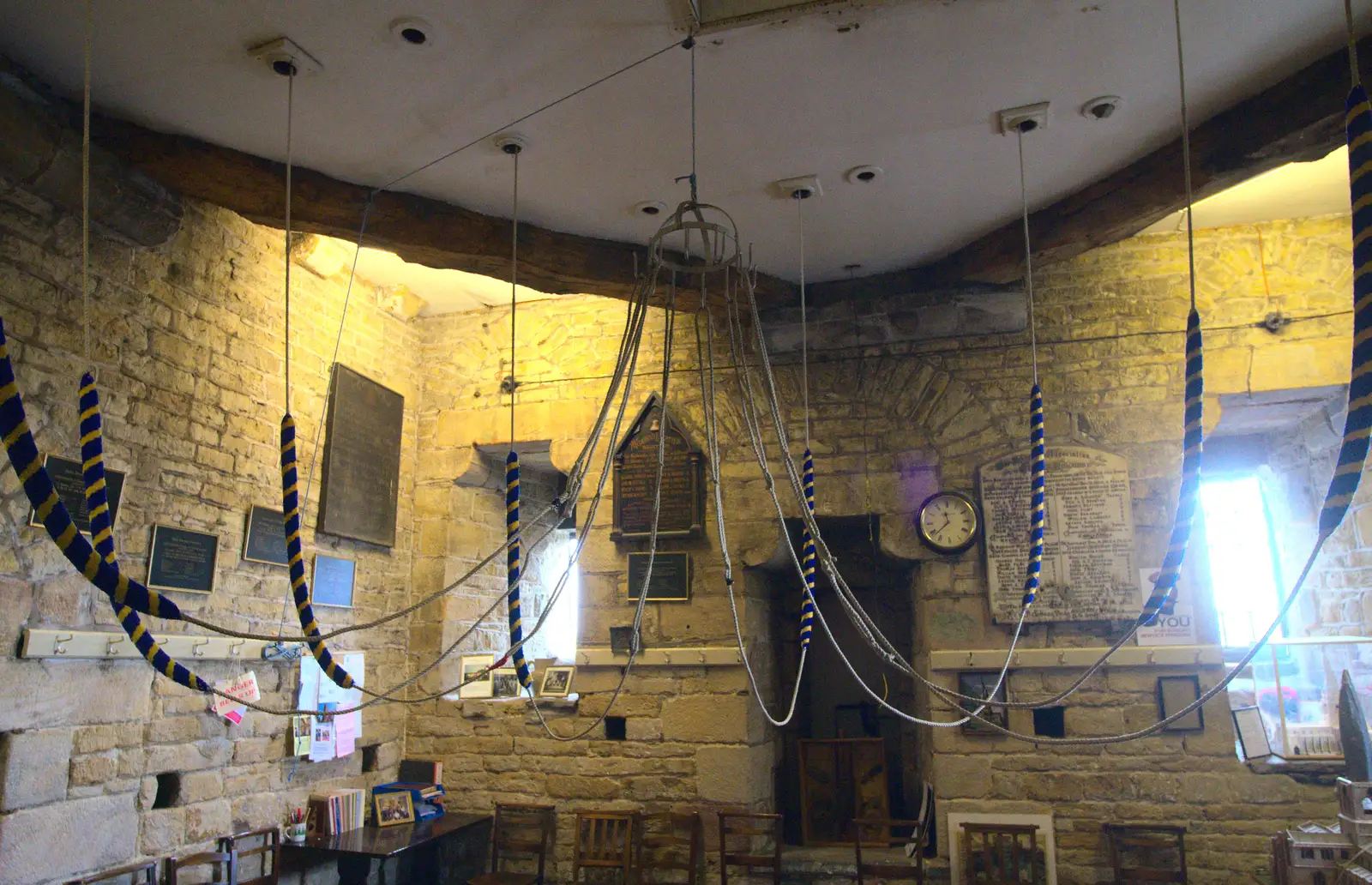 Bell ropes hang from the ceiling, from Chesterfield and the Twisty Spire, Derbyshire - 19th April 2013