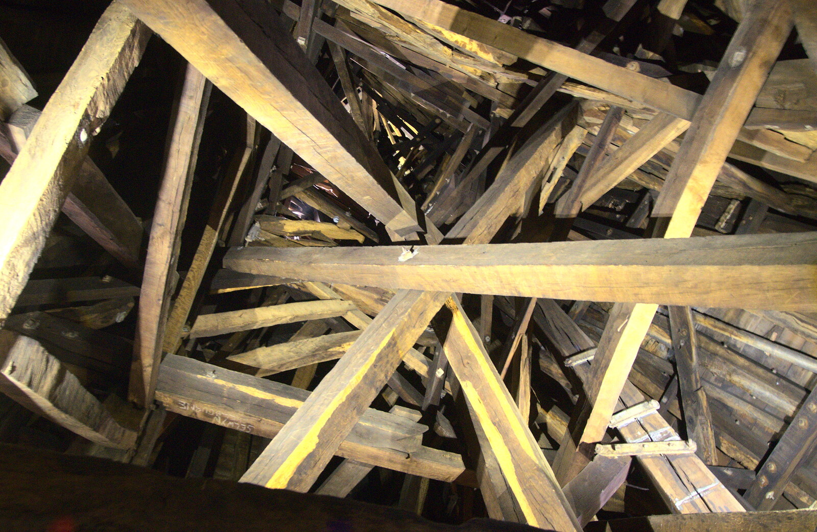 The chaotic timber work inside the tower from Chesterfield and the Twisty Spire, Derbyshire - 19th April 2013