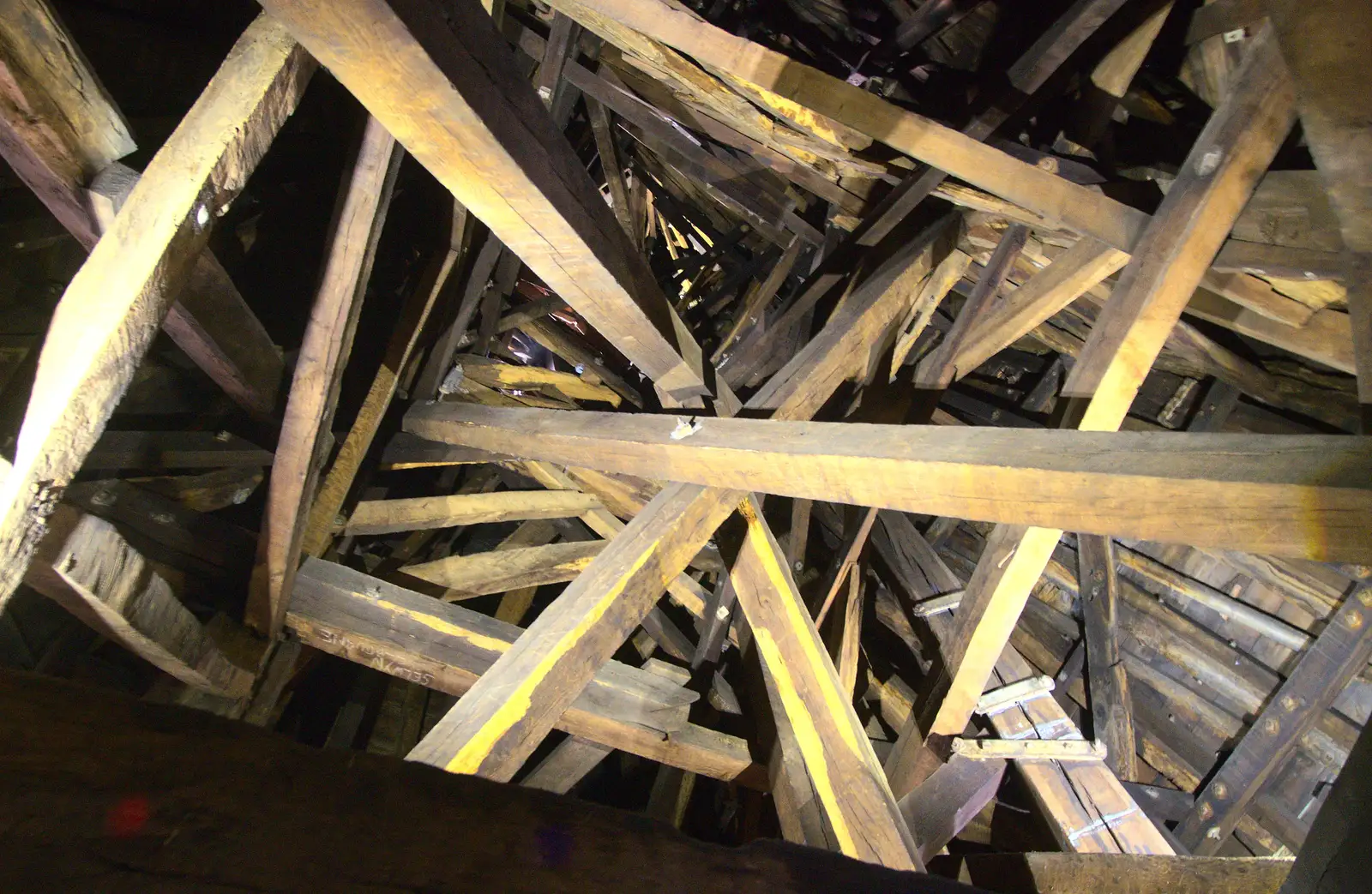 The chaotic timber work inside the tower, from Chesterfield and the Twisty Spire, Derbyshire - 19th April 2013