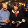 Matt and Sis read up on James's life story, Uncle James's Ninetieth Birthday, Cheadle Hulme, Manchester - 20th April 2013