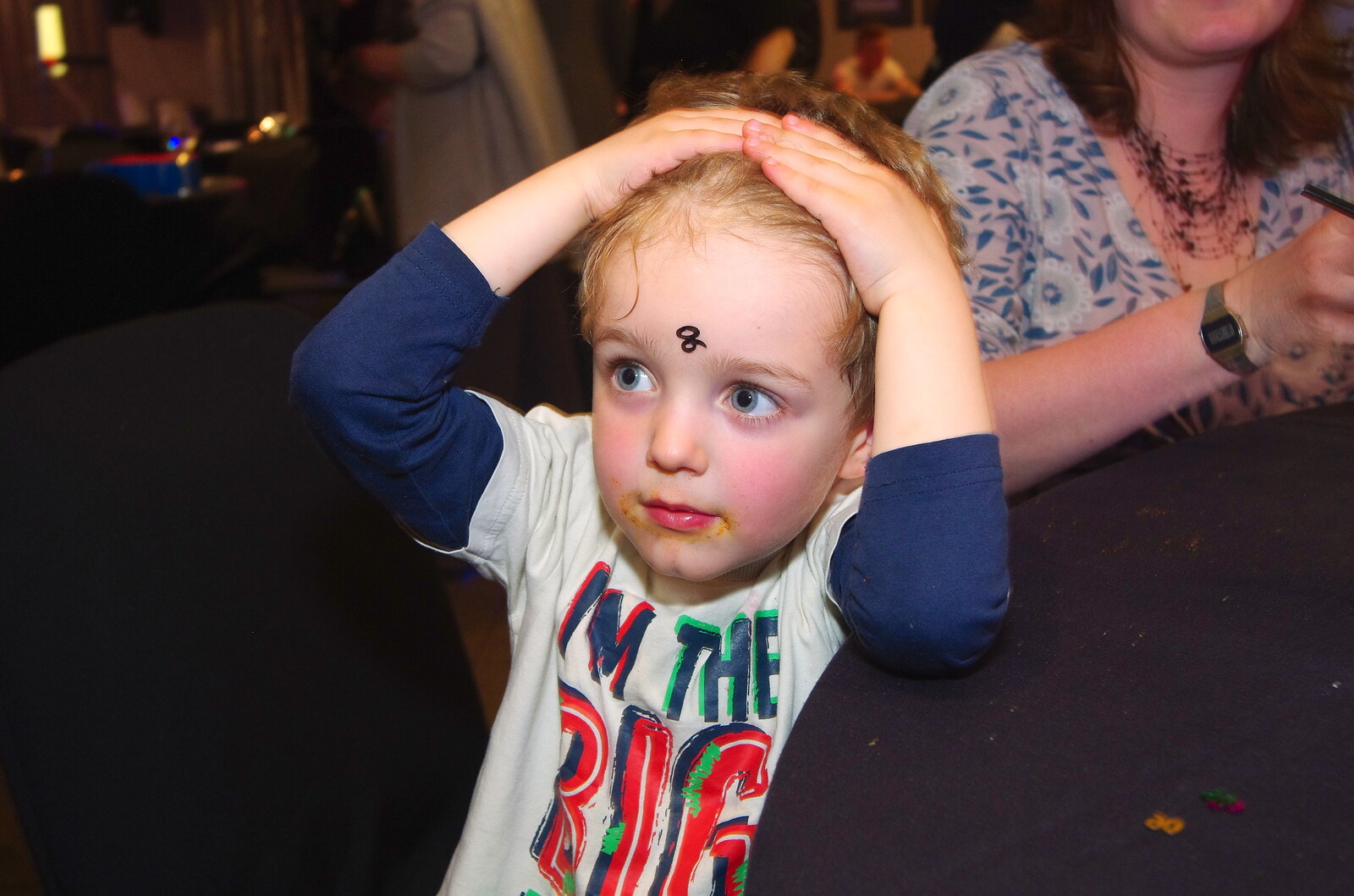 Fred's got a '90' stuck to his forehead from Uncle James's Ninetieth Birthday, Cheadle Hulme, Manchester - 20th April 2013
