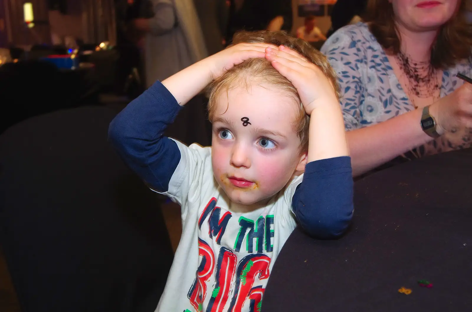 Fred's got a '90' stuck to his forehead, from Uncle James's Ninetieth Birthday, Cheadle Hulme, Manchester - 20th April 2013