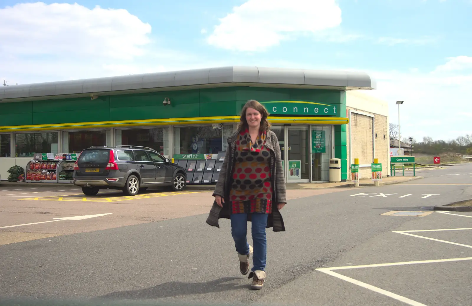 Isobel at the BP garage on the A14 near Huntingdon, from Uncle James's Ninetieth Birthday, Cheadle Hulme, Manchester - 20th April 2013