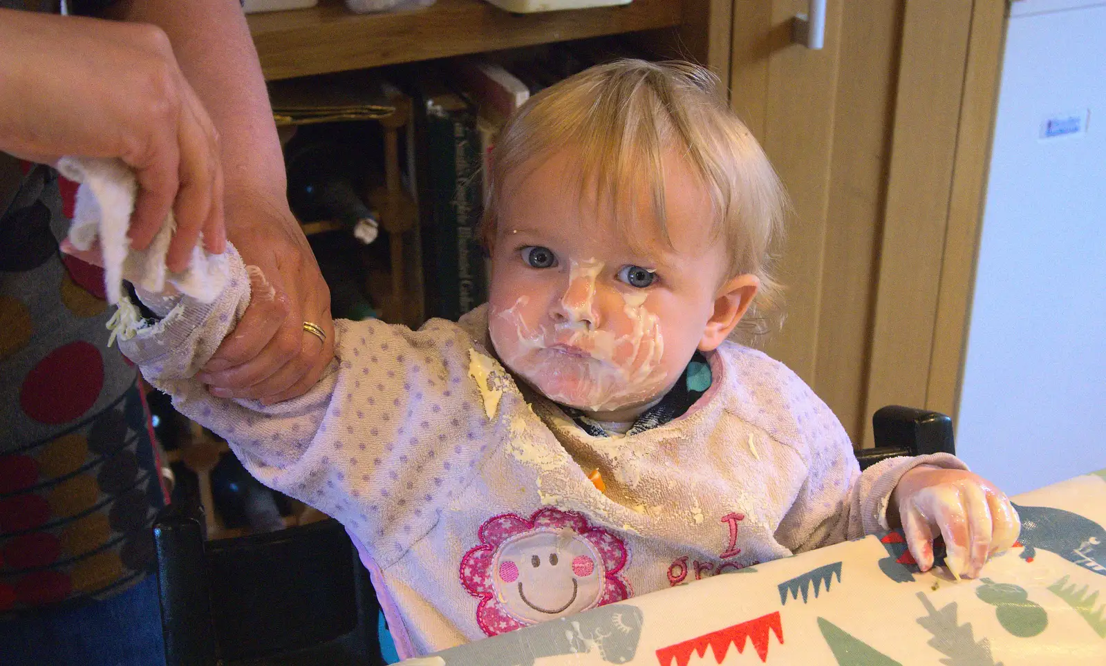 Harry gets a tiny bit of yoghurt on his face, from Uncle James's Ninetieth Birthday, Cheadle Hulme, Manchester - 20th April 2013