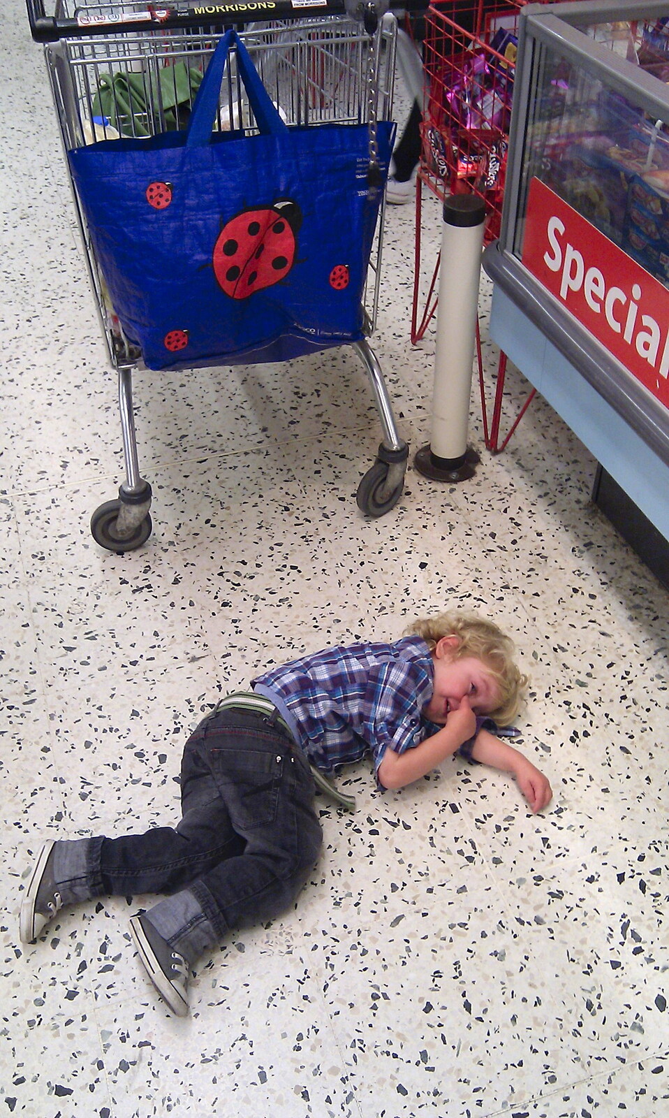 Fred has a 'floor tantrum' in Morrisons, Oct 2011 from Public Enemy at the UEA and other Camera-phone Randomness, Norwich - 24th April 2013