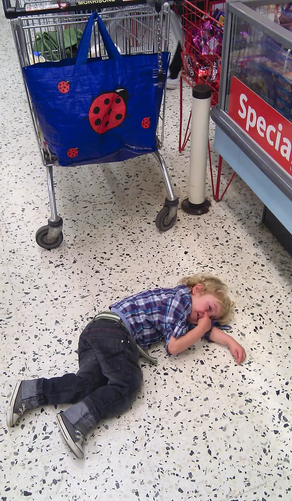 Fred has a 'floor tantrum' in Morrisons, Oct 2011, from Public Enemy at the UEA and other Camera-phone Randomness, Norwich - 24th April 2013