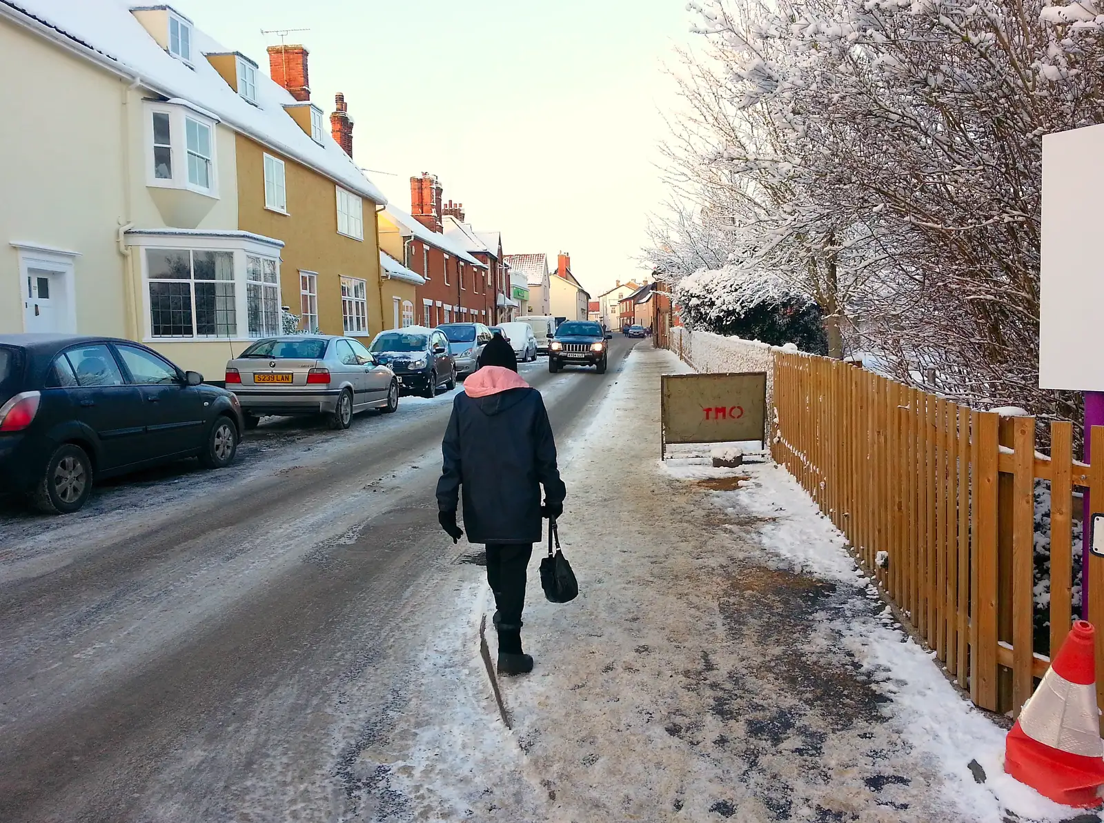 Sylvia walks up Church Street in the snow, from Public Enemy at the UEA and other Camera-phone Randomness, Norwich - 24th April 2013