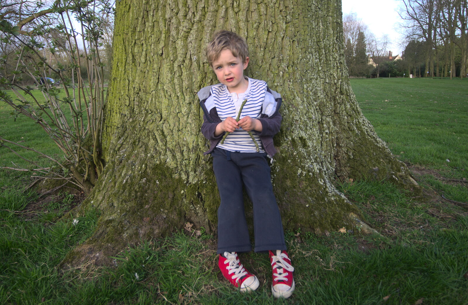 Fred leans on a tree in the Cornwallis's garden from Spammy's Birthday, The Swan Inn, Brome, Suffolk - 27th April 2013