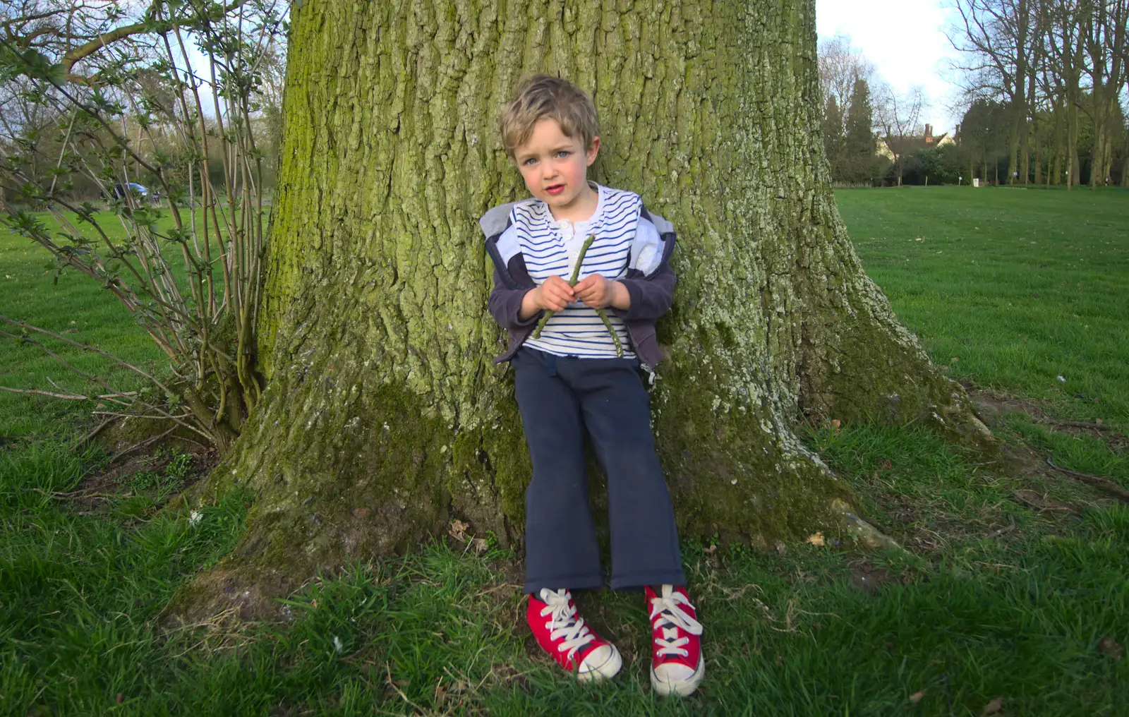 Fred leans on a tree in the Cornwallis's garden, from Spammy's Birthday, The Swan Inn, Brome, Suffolk - 27th April 2013