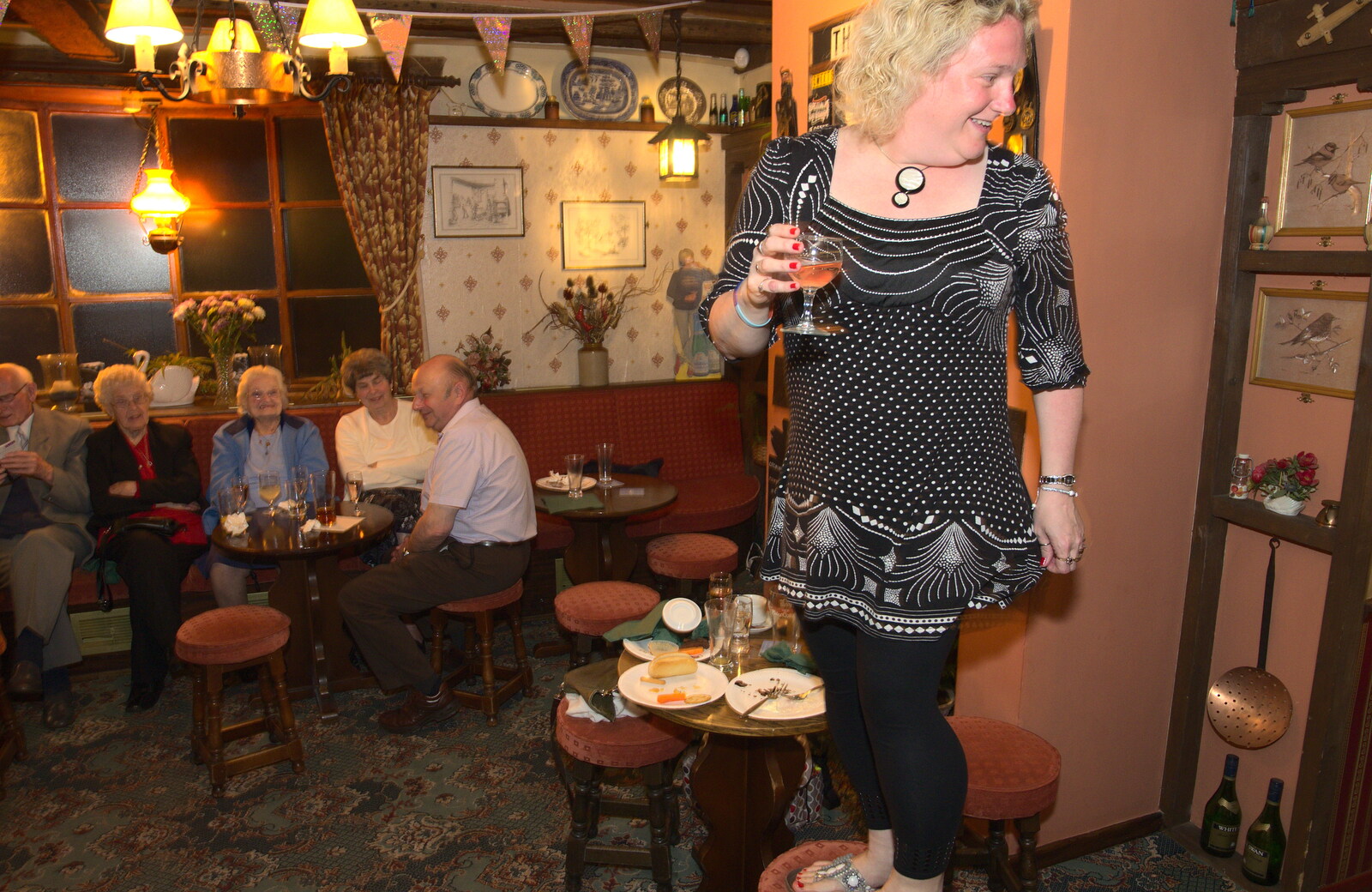 Sally gets up on a stool to make an announcement from Spammy's Birthday, The Swan Inn, Brome, Suffolk - 27th April 2013