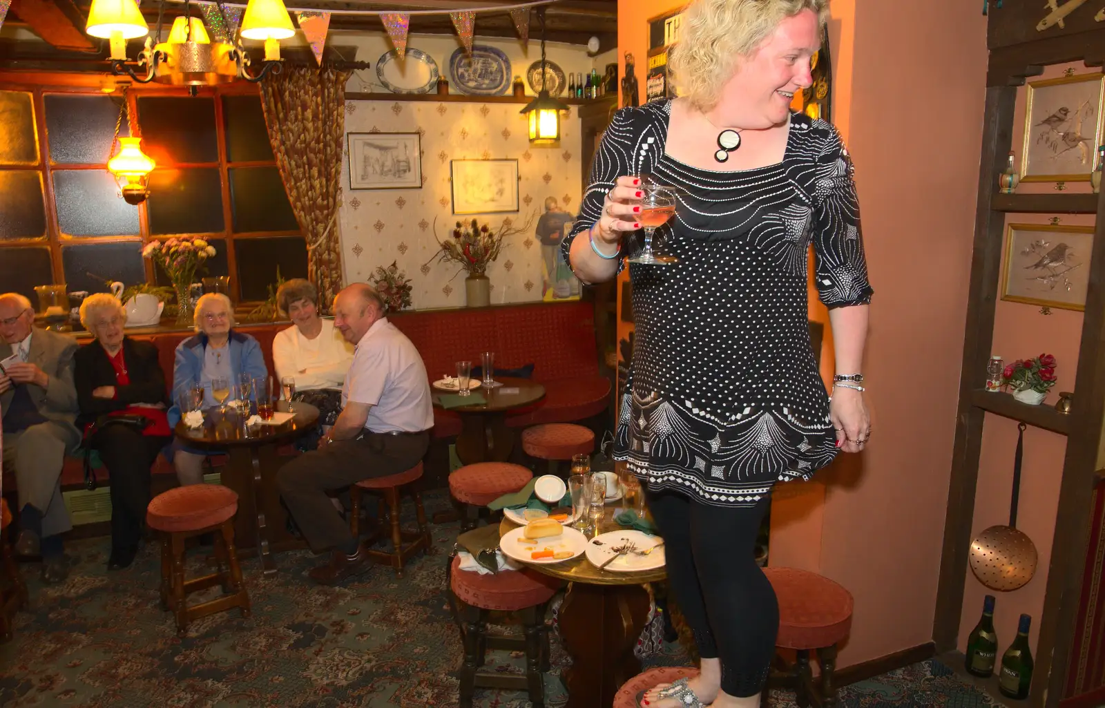 Sally gets up on a stool to make an announcement, from Spammy's Birthday, The Swan Inn, Brome, Suffolk - 27th April 2013