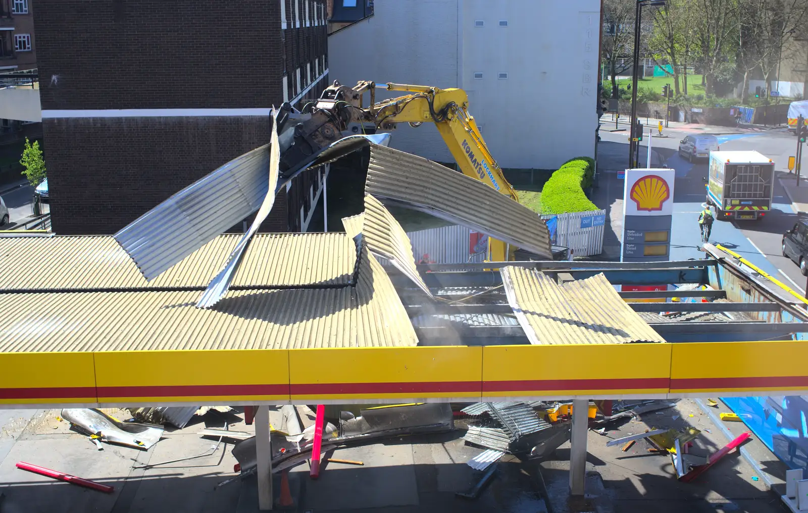 The roof is ripped off the old Shell garage, from The Garage-Eating Monster of Southwark, London - 1st May 2013