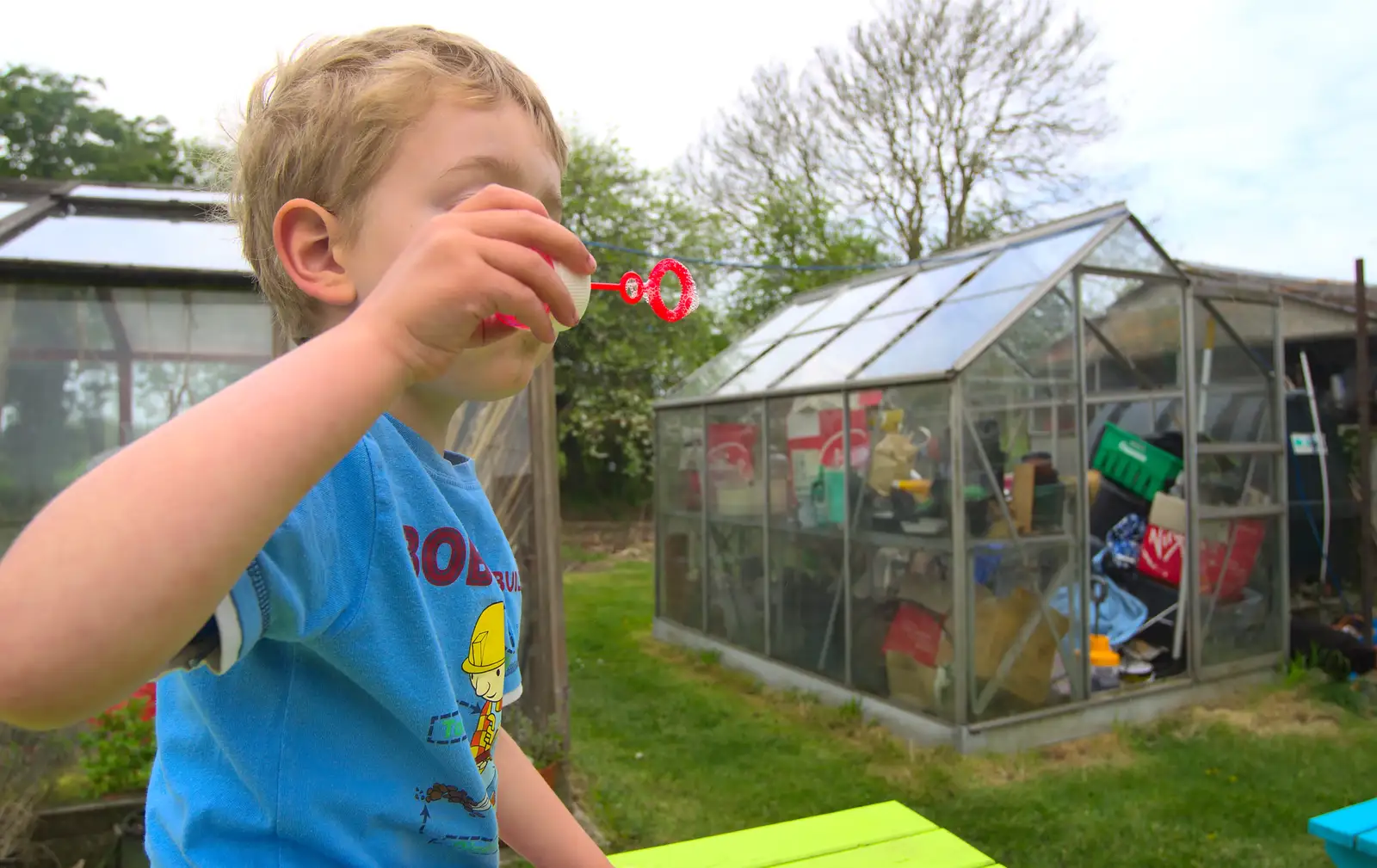 Fred blows bubbles, from Bank Holiday Flowers, Brome, Suffolk - 6th May 2013