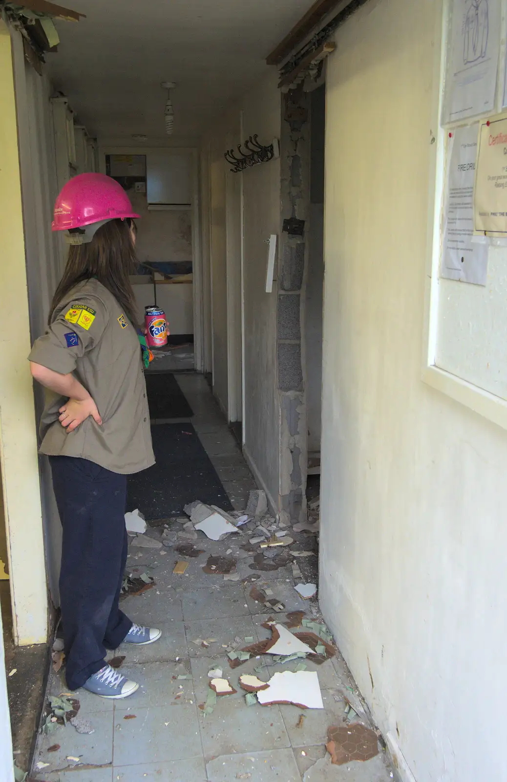 The damage is surveyed, from Demolishing The 1st Eye Scout Hut, Wellington Road, Eye, Suffolk - 11th May 2013