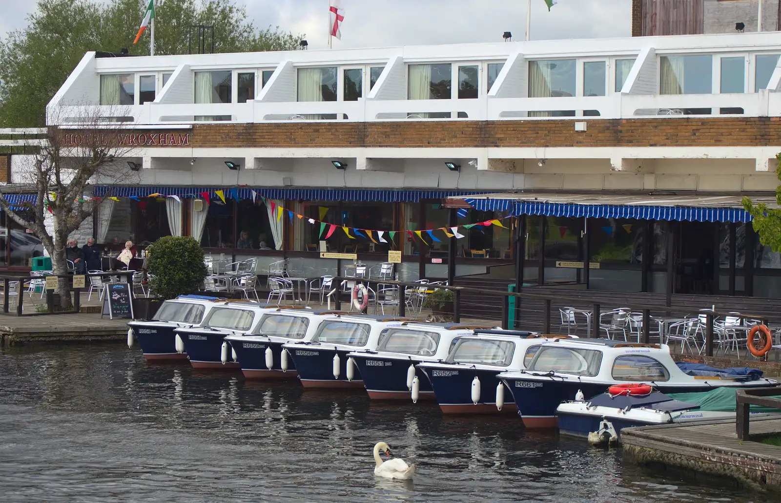 A line up of boats, and the 70s Hotel Wroxham, from A Trip on the Norfolk Broads, Wroxham, Norfolk - 25th May 2013