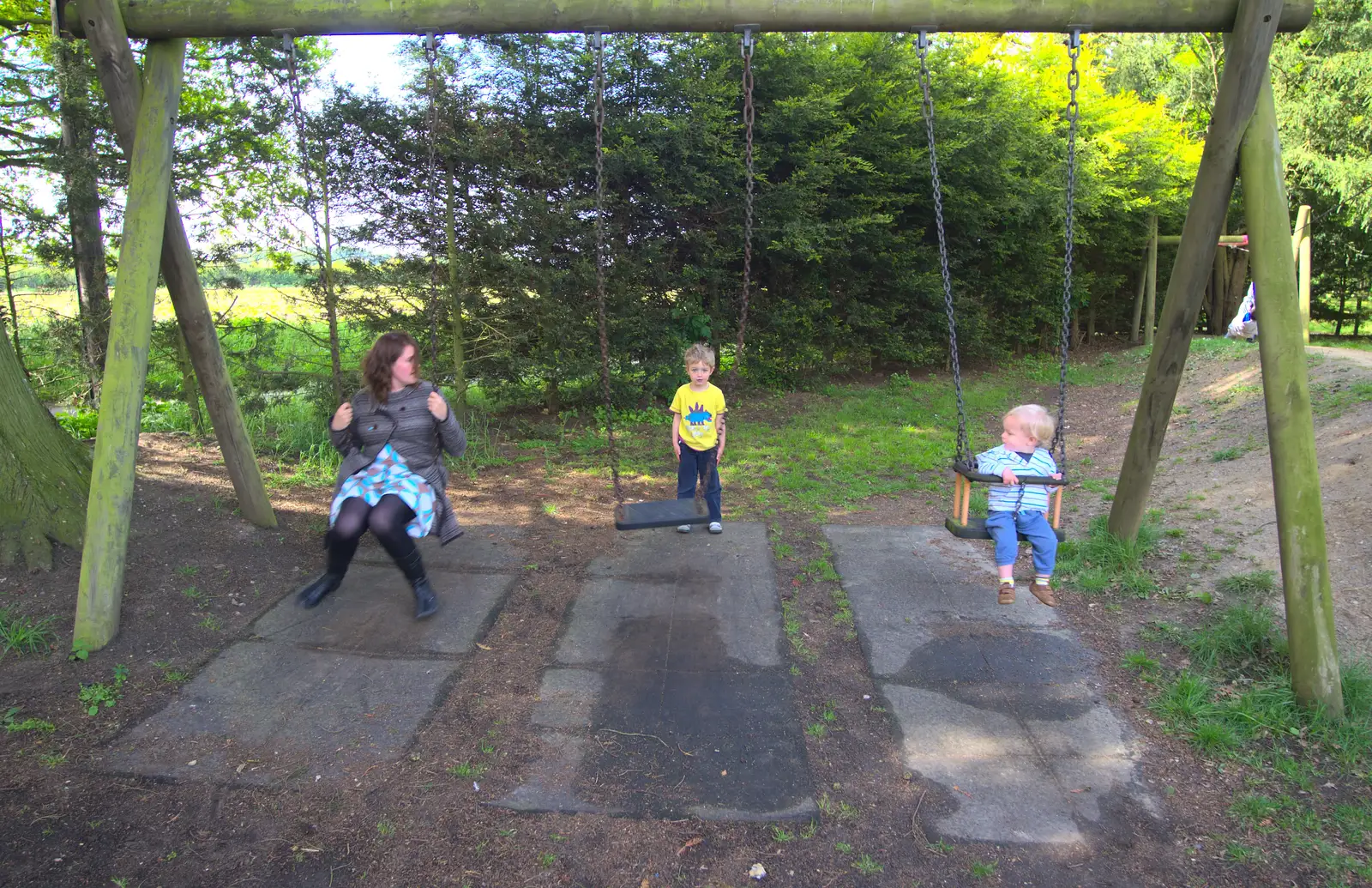 In the morning, Isobel and the boys go for a swing, from The Bure Valley Railway, Aylsham, Norfolk - 26th May 2013