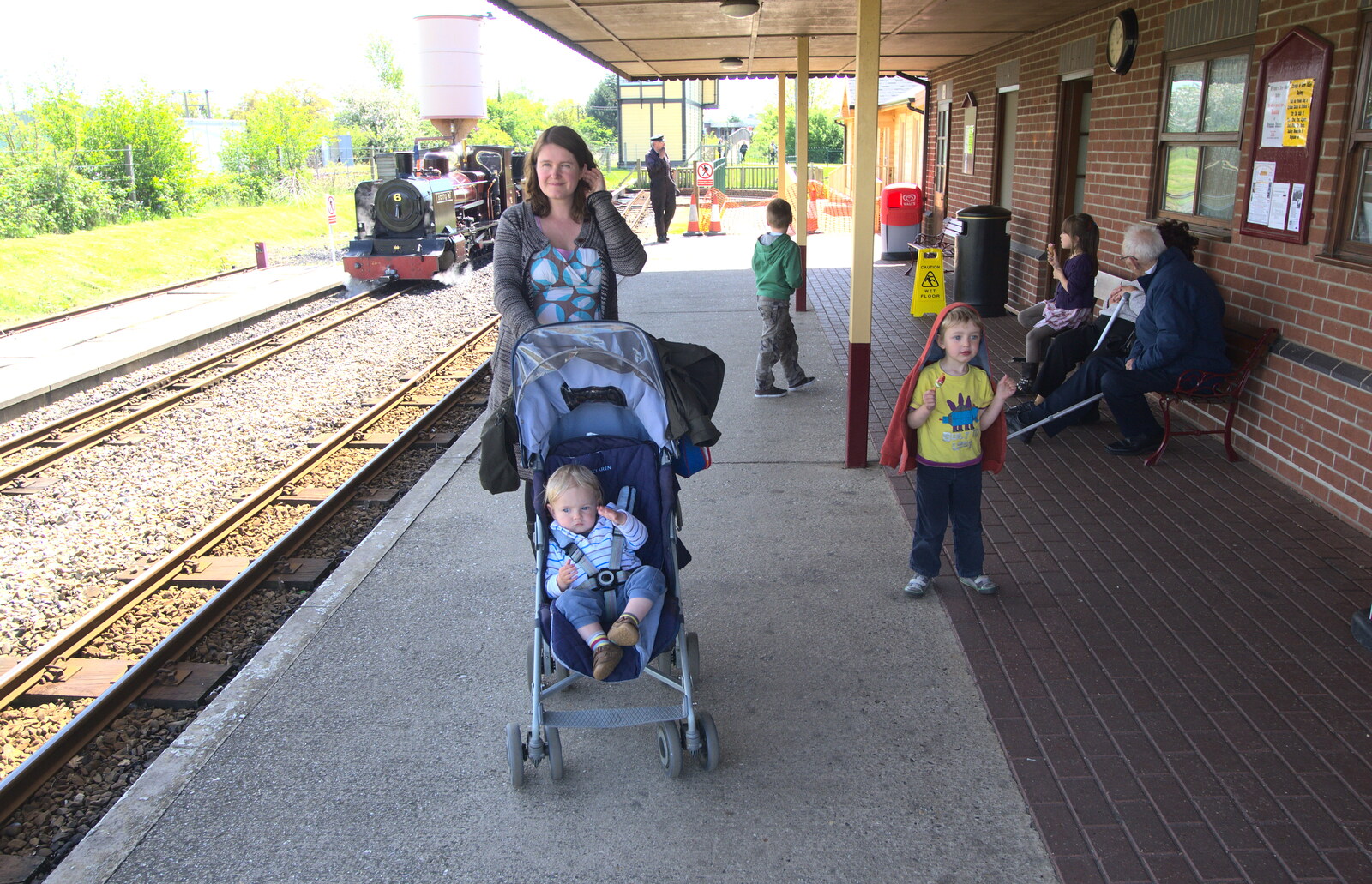 Isobel, Harry and Fred at the station from The Bure Valley Railway, Aylsham, Norfolk - 26th May 2013