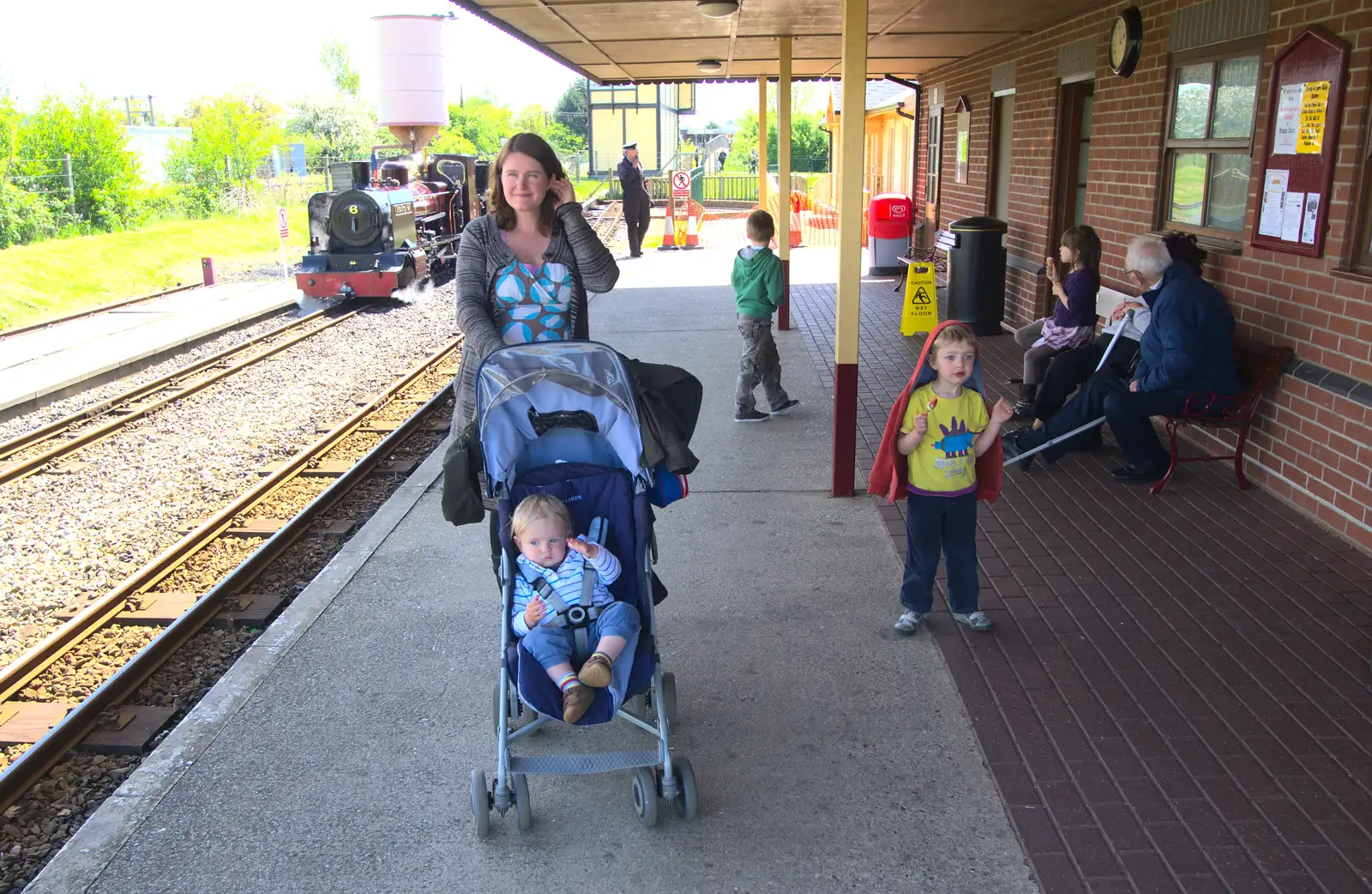 Isobel, Harry and Fred at the station, from The Bure Valley Railway, Aylsham, Norfolk - 26th May 2013