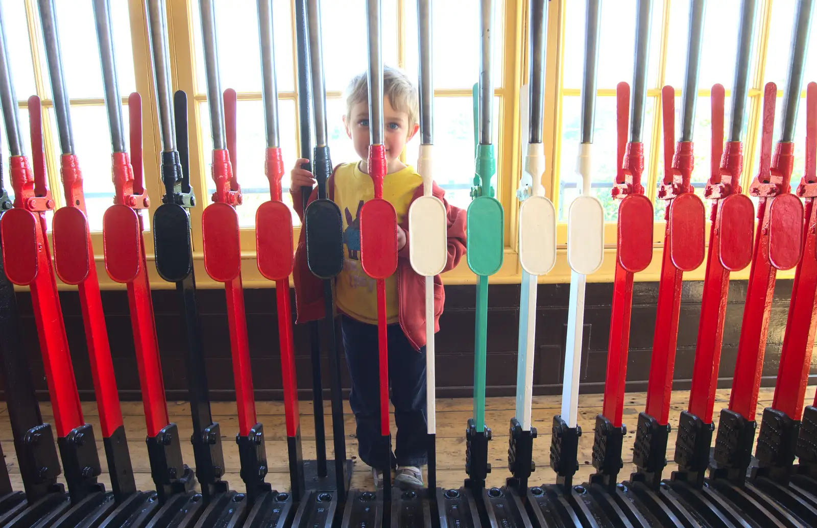 Fred behind the signal levers, from The Bure Valley Railway, Aylsham, Norfolk - 26th May 2013