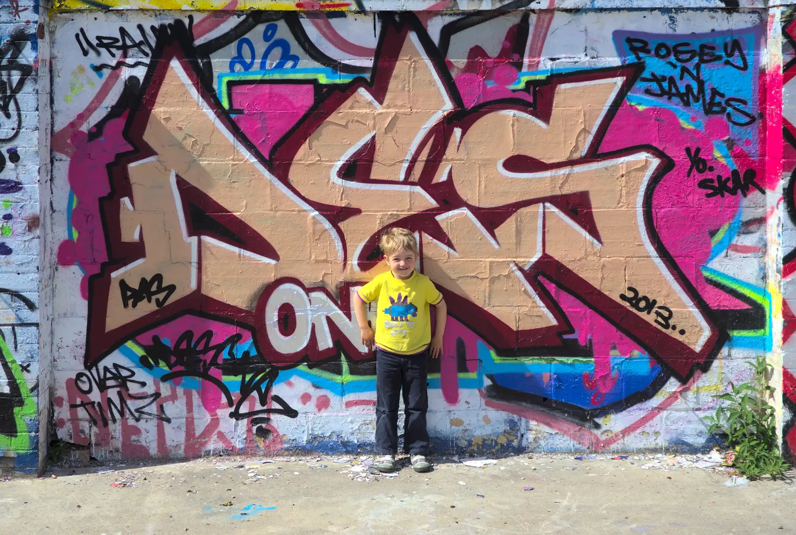 Fred stands by the graffiti wall, from The Dereliction of HMSO, Botolph Street, Norwich - 26th May 2013