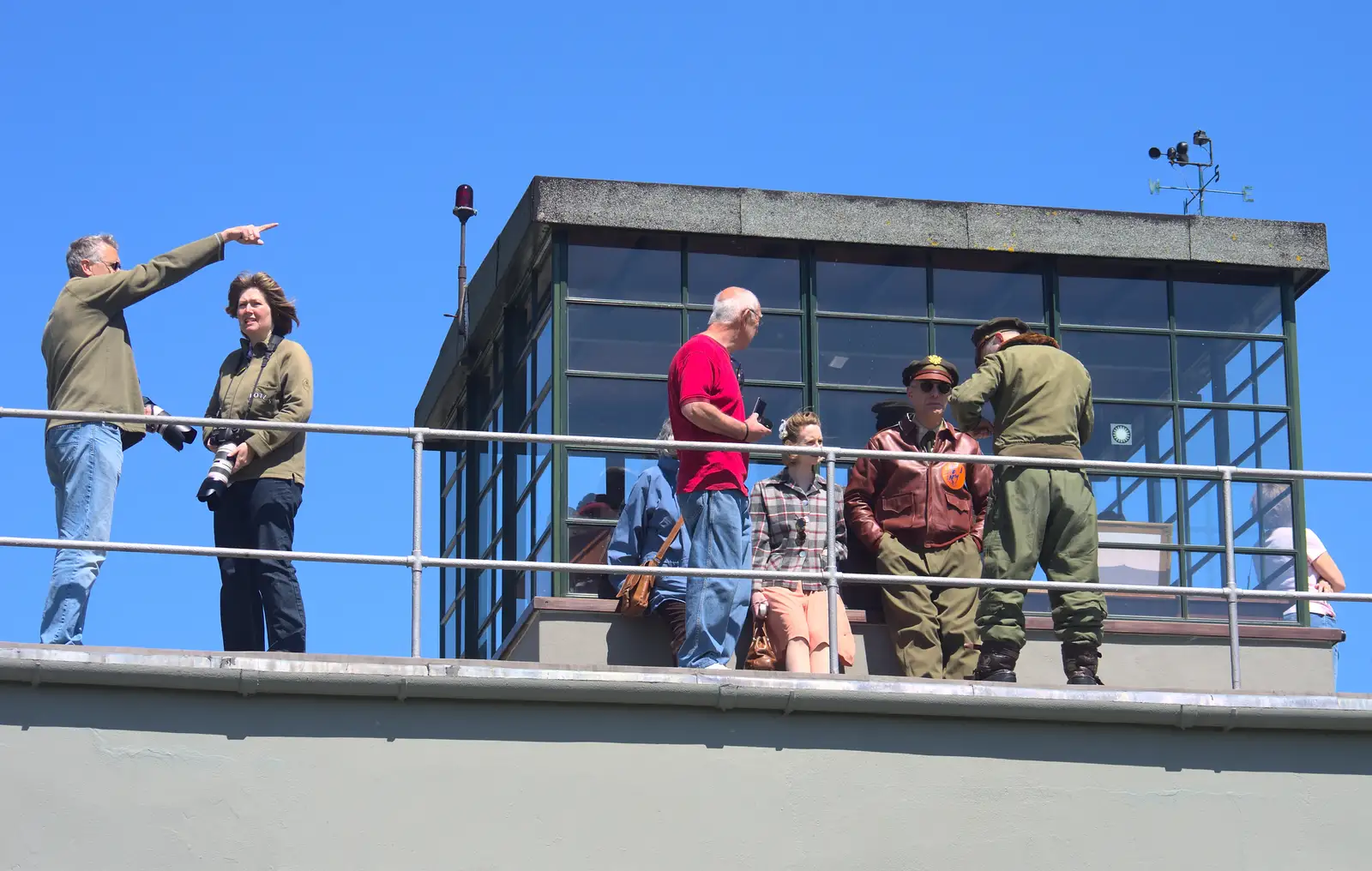 People gather on top of the tower, from A "Sally B" B-17 Flypast, Thorpe Abbots, Norfolk - 27th May 2013