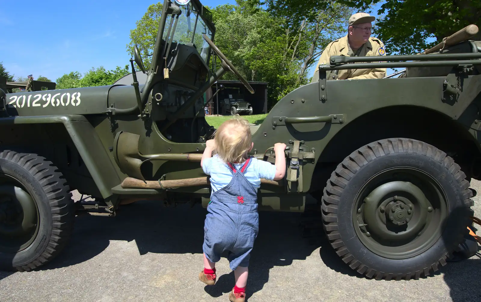 Harry's desperate for another go on the jeep, from A "Sally B" B-17 Flypast, Thorpe Abbots, Norfolk - 27th May 2013