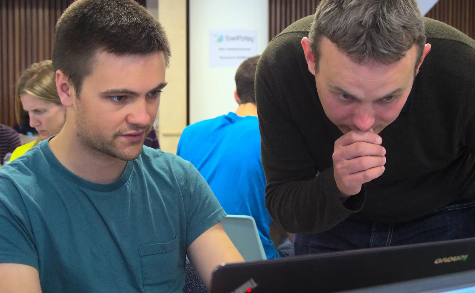 James looks at whatever Alex is working on, from A SwiftKey Hack Day, Westminster, London - 31st May 2013