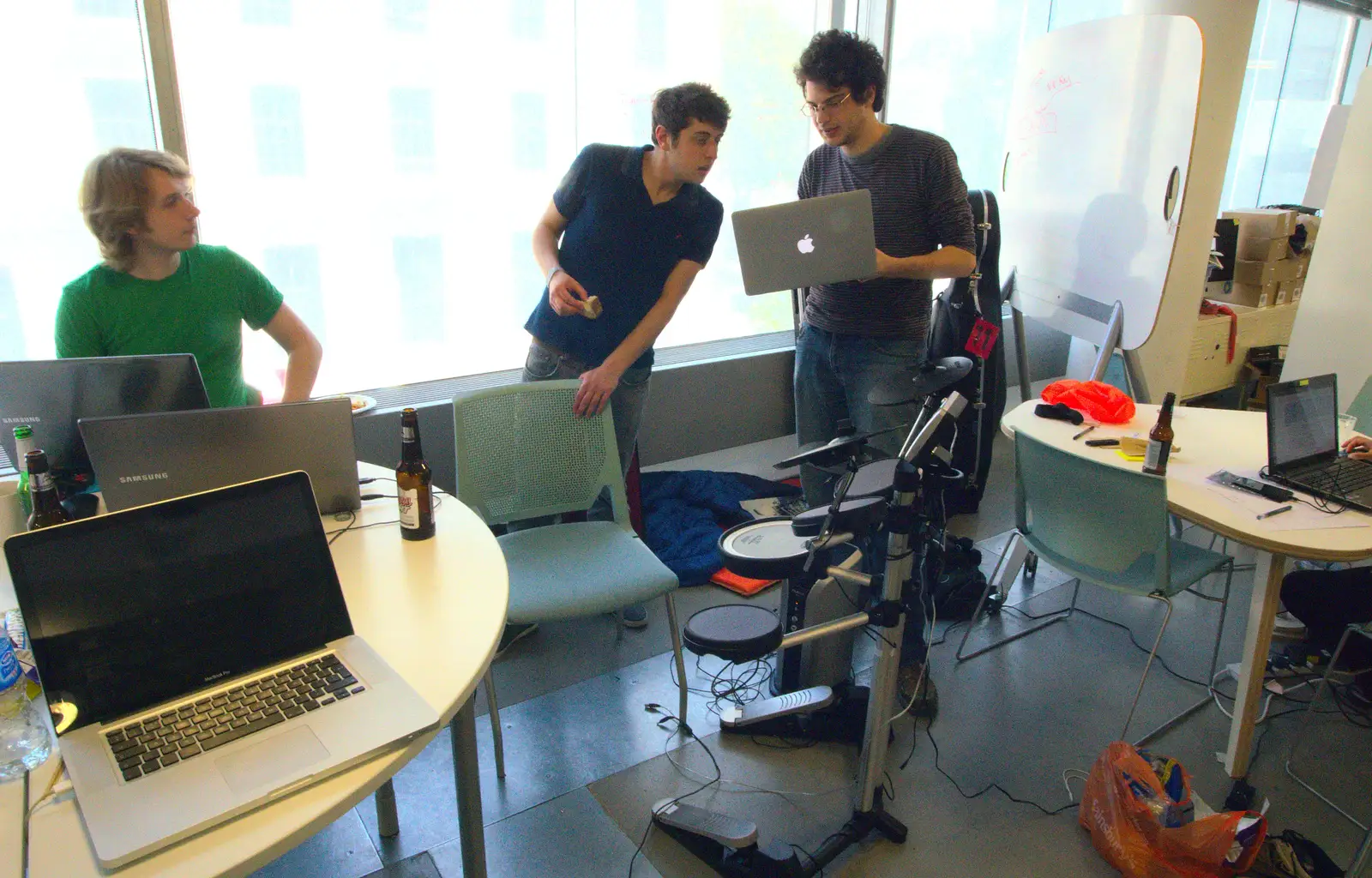 Tom and Alex do something with a drum kit, from A SwiftKey Hack Day, Westminster, London - 31st May 2013