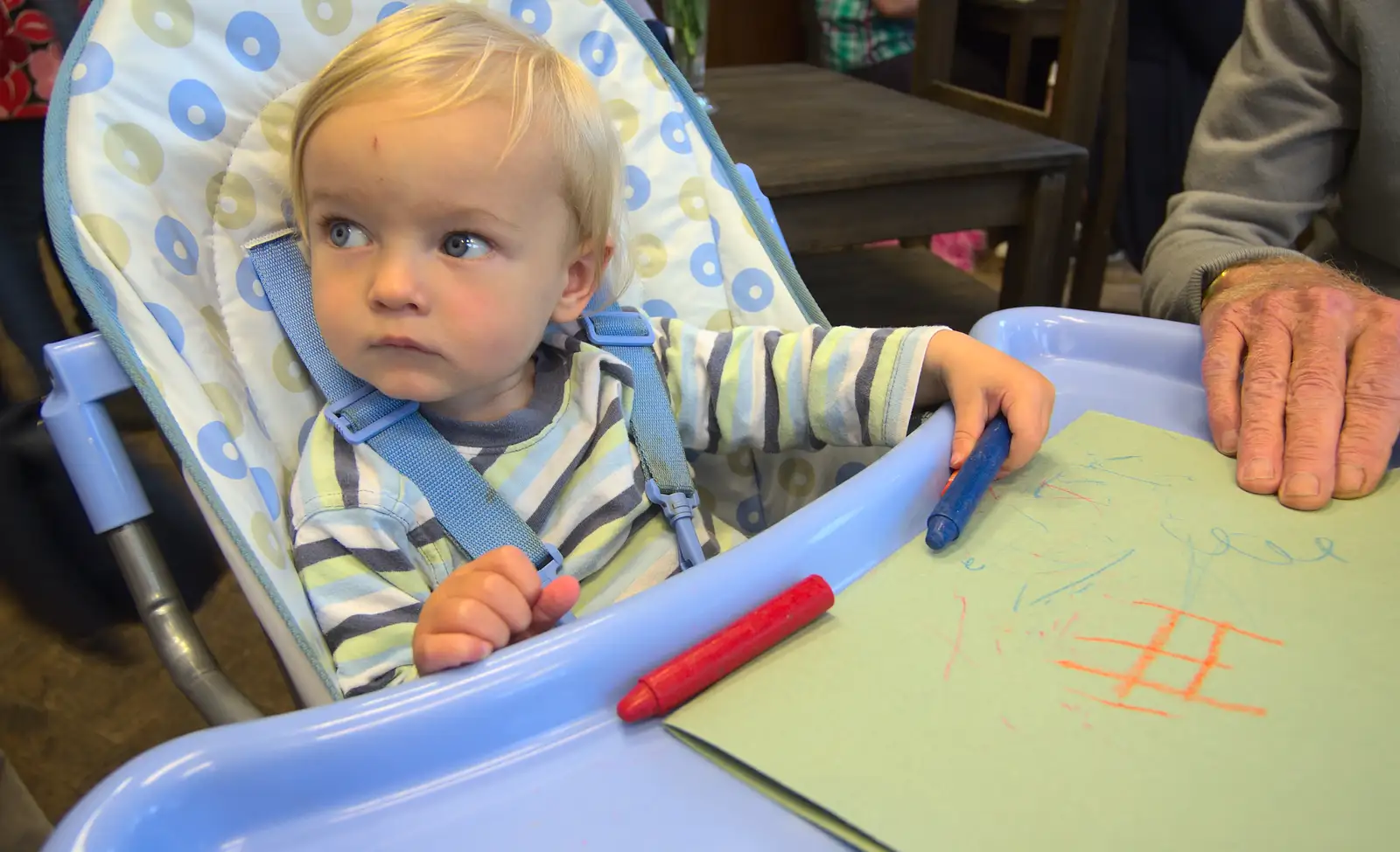 Harry does some drawing with crayons, from Eye Open Gardens, Suffolk - 1st June 2013