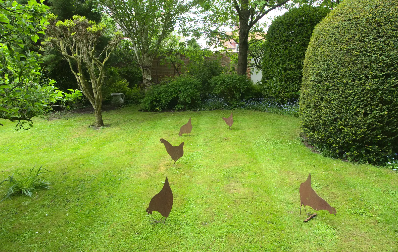 Metal chickens peck the lawn, from Eye Open Gardens, Suffolk - 1st June 2013