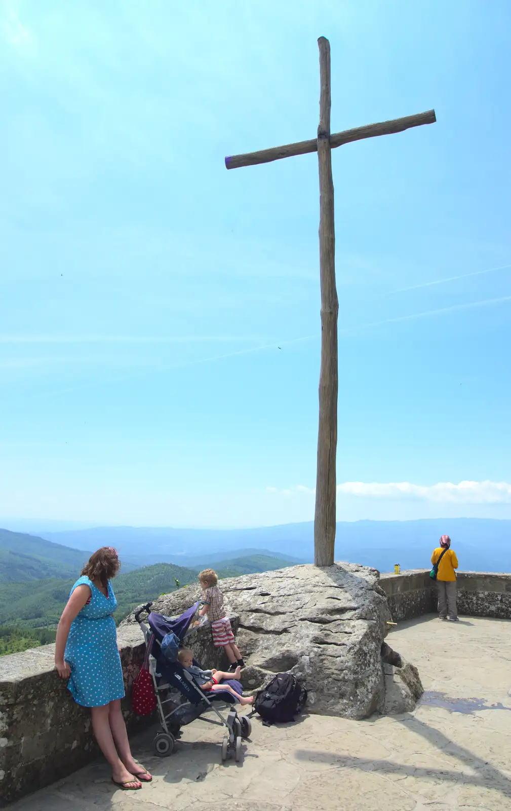 Isobel, Harry, Fred and a large wooden cross, from La Verna Monastery and the Fireflies of Tuscany, Italy - 14th June 2013