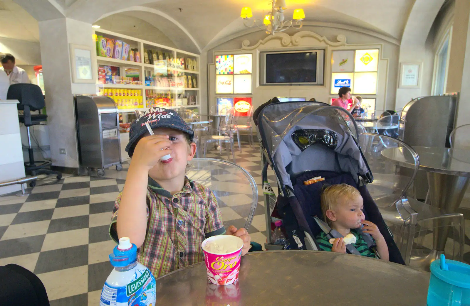 Fred and Harry scoff gelato at Pisa airport, from La Verna Monastery and the Fireflies of Tuscany, Italy - 14th June 2013