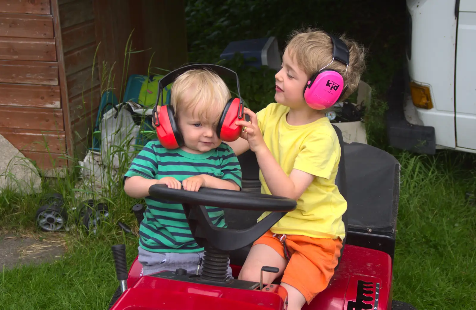 Fred tries to put Harry's ear defenders on, from La Verna Monastery and the Fireflies of Tuscany, Italy - 14th June 2013