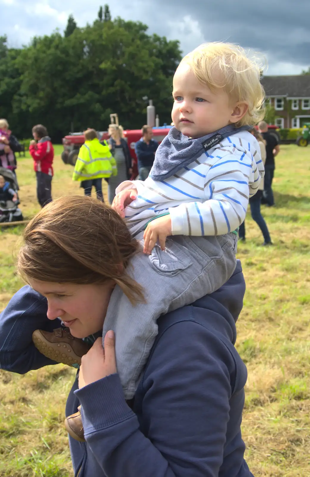 Isobel carries Harry around, from Thrandeston Pig Roast and Tractors, Thrandeston Little Green, Suffolk - 23rd June 2013