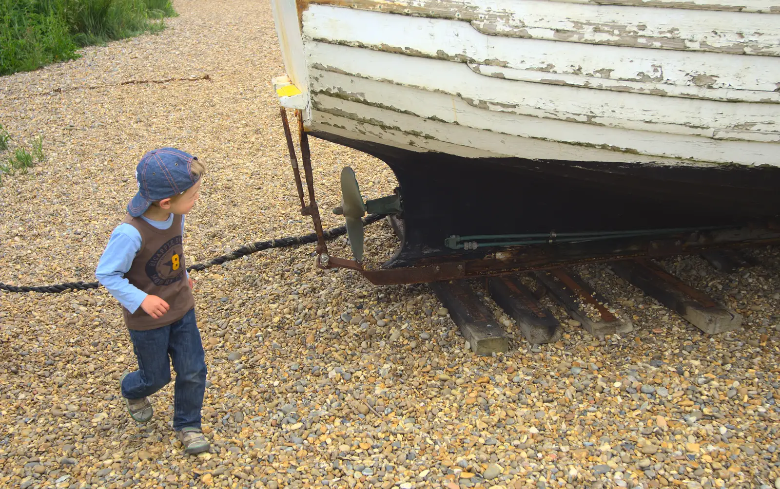 Fred runs around a boat, from Petrol Station Destruction, and a Cliff House Camping Trip, Southwark and Dunwich, Suffolk - 30th June 2013