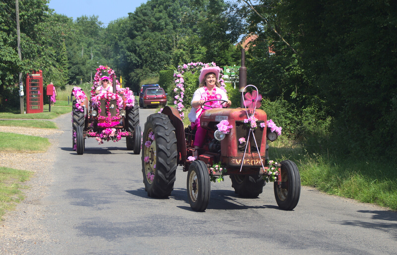 Garland-festooned tractors from The "Pink Ladies" Tractor Run and Barbeque, Thorpe Abbots, Norfolk - 7th July 2013