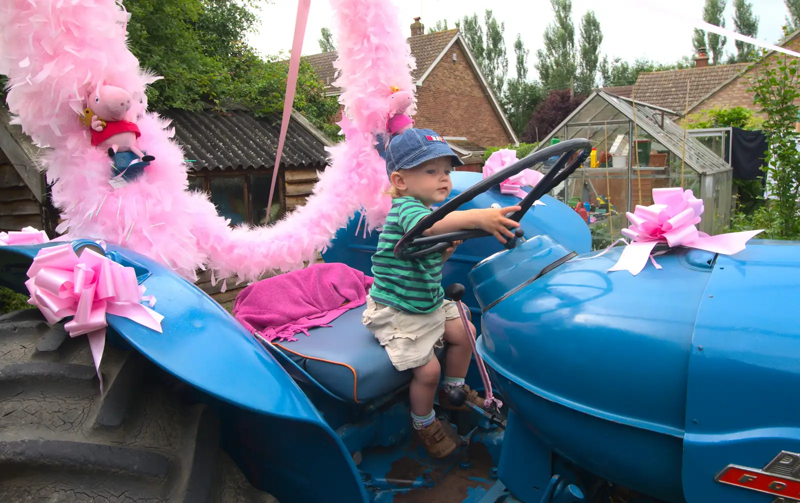 Harry on a pink tractor, from The BSCC at Pulham Crown, and Grandad with a Grinder, Brome, Suffolk - 11th July 2013