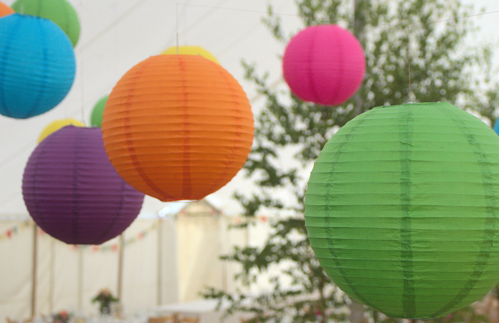 Multi-coloured hanging lampshades from The BBs Play Steph's Wedding, Burston, Norfolk - 13th July 2013