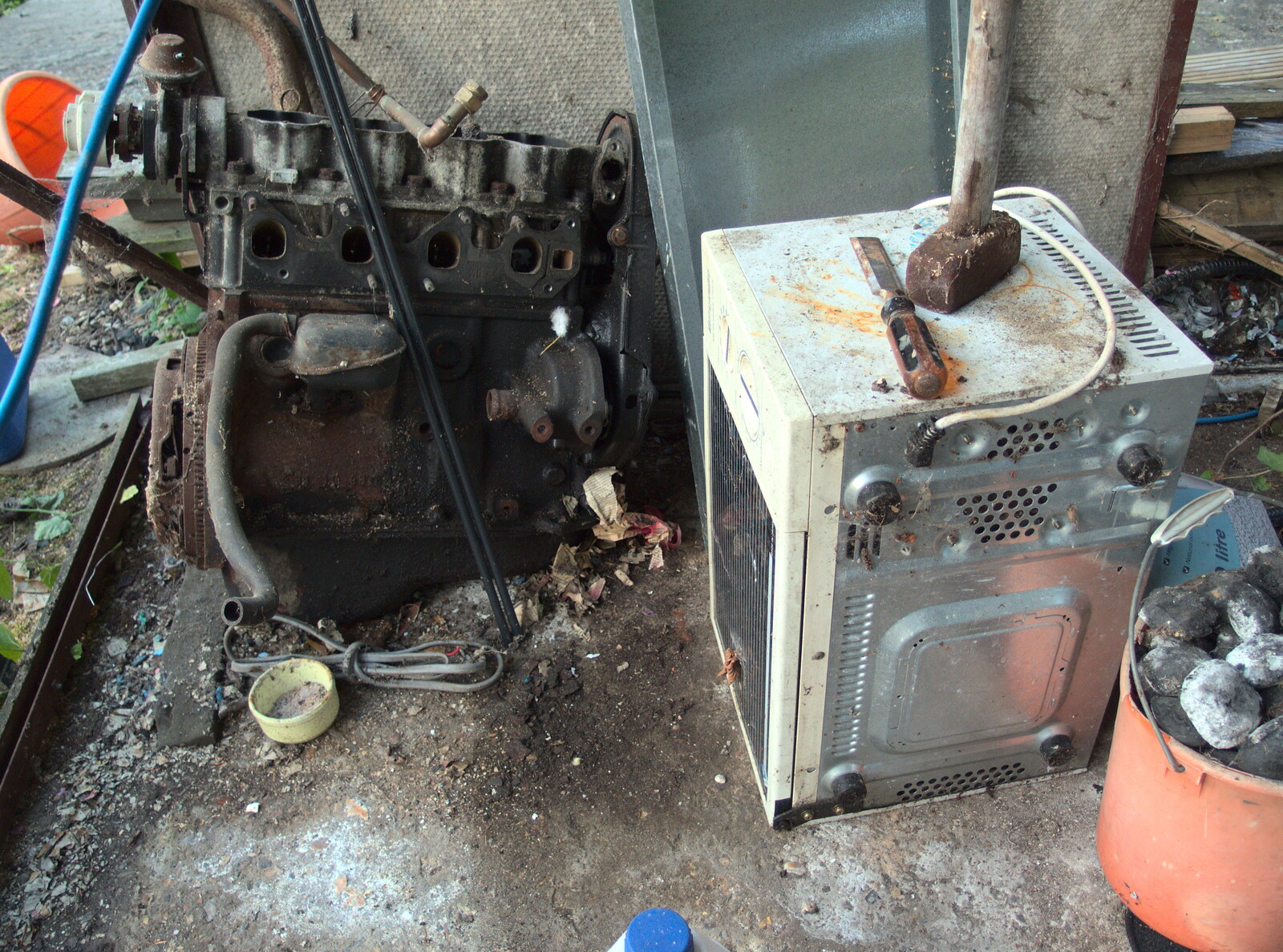 A Mk 1 Astra engine block, and a microwave from The Demolition of the Garage, Brome, Suffolk - 17th July 2013