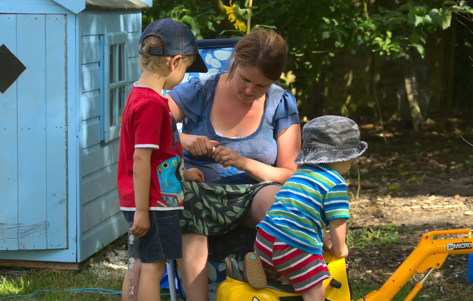 Isobel and the boys outside Fred's garden house, from An Interview with Rick Wakeman and Other Stories, Diss, Norfolk - 22nd July 2013