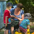 Isobel and the boys outside Fred's garden house, An Interview with Rick Wakeman and Other Stories, Diss, Norfolk - 22nd July 2013