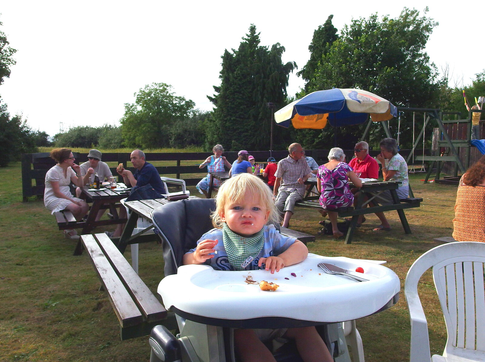 Harry in a high chair from The BSCC at Walpole, and a Swan Inn Barbeque, Brome, Suffolk - 4th August 2013